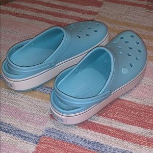 Blue platform crocs